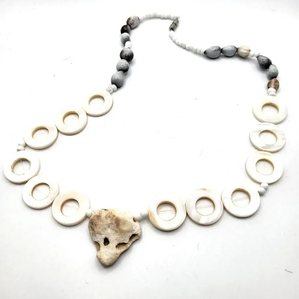 Bohemian Abalone Cowrie Shell White Beads Pumice Stone Pendant Necklace 20in